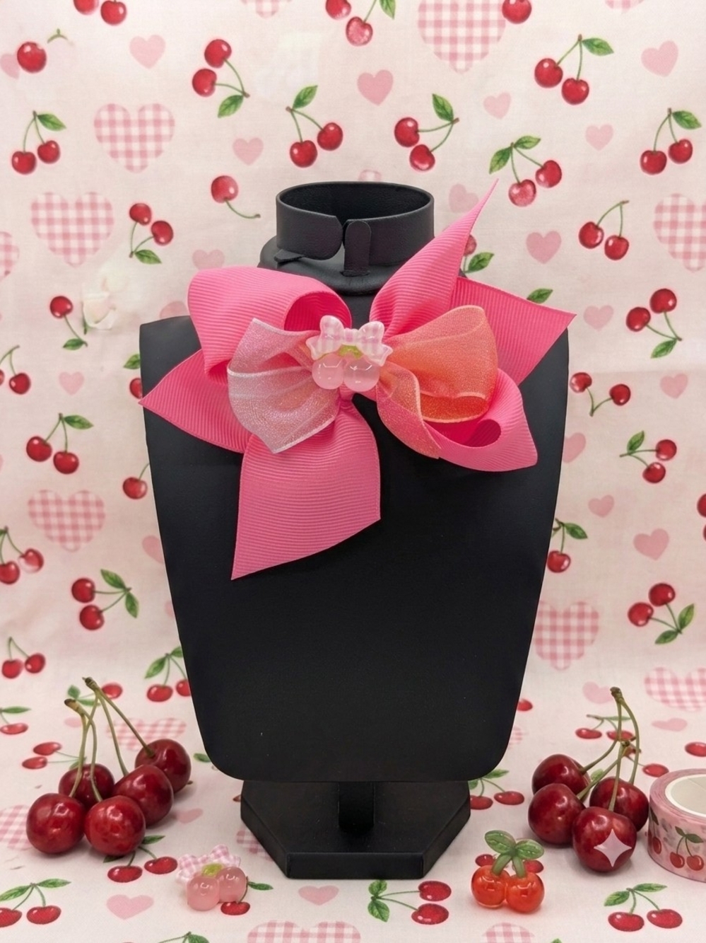 Pink Medium Sized Cherry Themed Hairbow